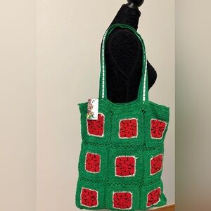 Handcrafted Green and Red Crochet Tote Bag